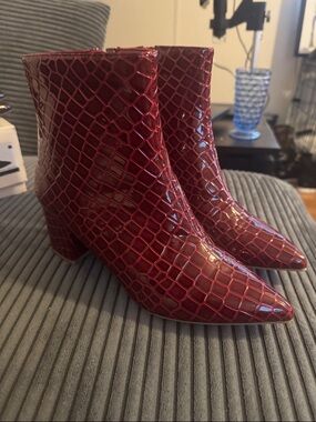 Sugar Red Croc-Embossed Patent Ankle Booties